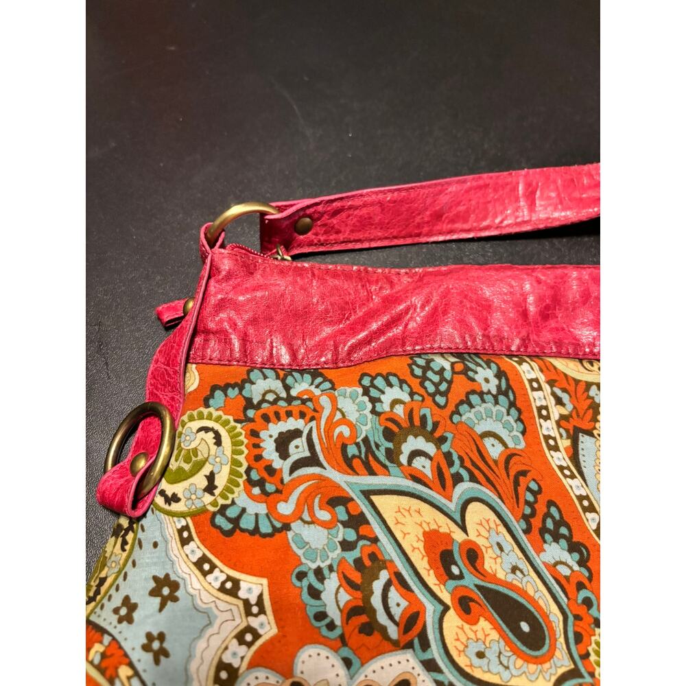 Boho Paisley Shoulder Bag Pink Faux Leather Trim Tassel Zip Purse Medium - Picture 4 of 10
